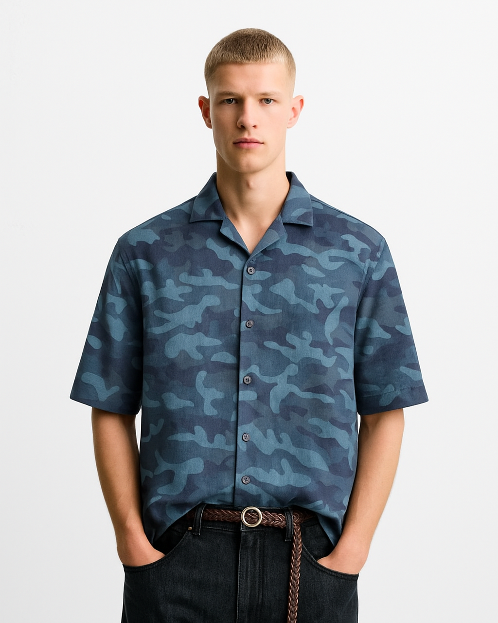 Blue Camouflage  Cuban Shirt