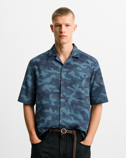 Blue Camouflage  Cuban Shirt