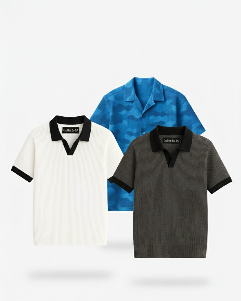 Buy 2 Get 1 Free (Charcoal Johnny Collar, White Johnny Collar & Blue Camouflage)