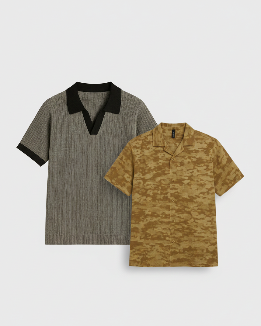 Pair of 2 Charcoal Johnny Collar/Brown Camouflage Cuban