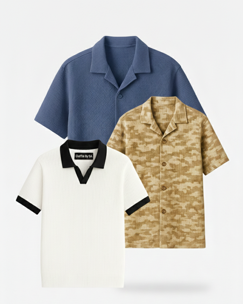 Buy 2 Get 1 Free (Pale Blue Cuban Shirt, White Johnny Collar & Brown Camouflage)