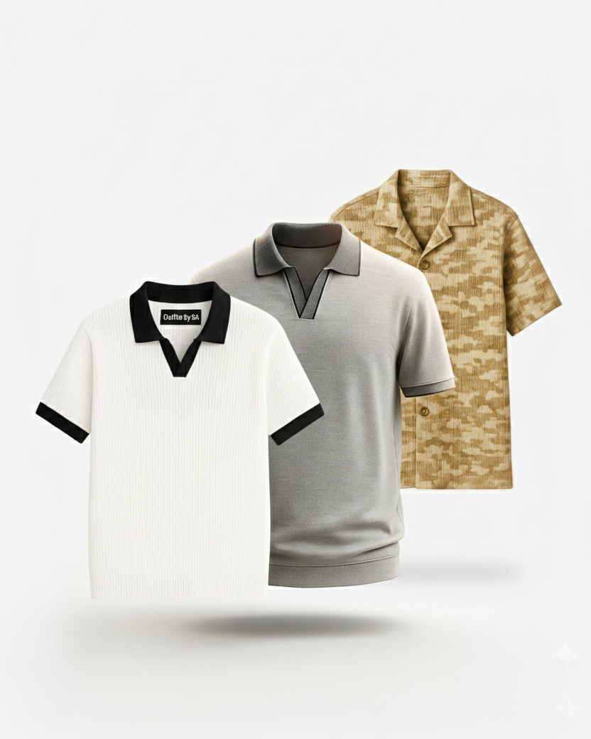 Buy 2 Get 1 Free (Heather Grey Johnny Collar, White Johnny Collar & Brown Camouflage)