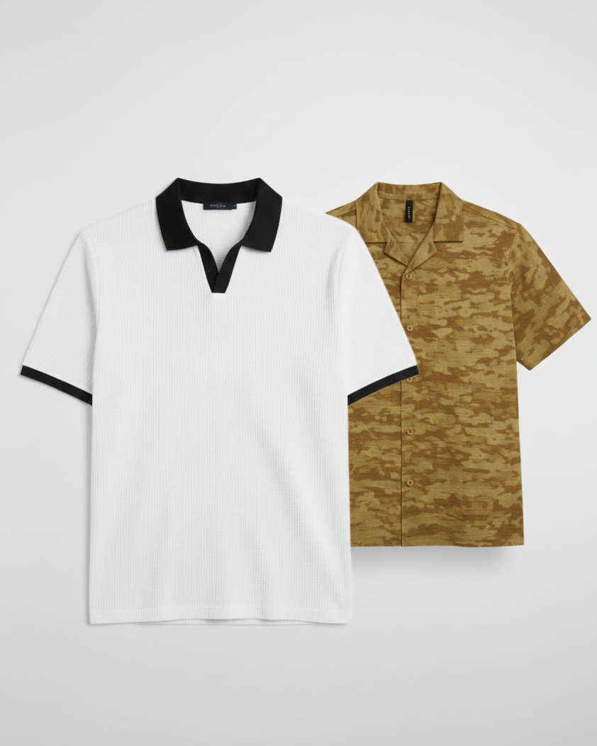 Pair of 2 White Johnny Collar/Brown Camouflage Cuban