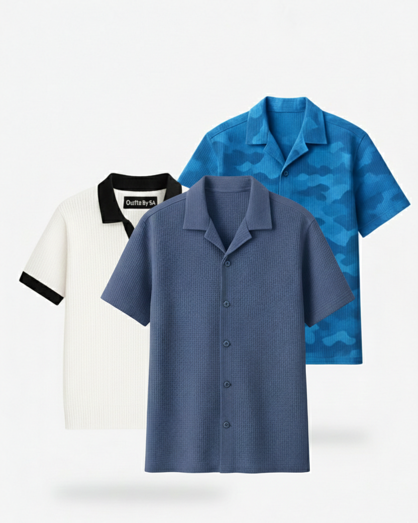 Buy 2 Get 1 Free (Pale Blue Cuban Shirt, White Johnny Collar & Blue Camouflage)