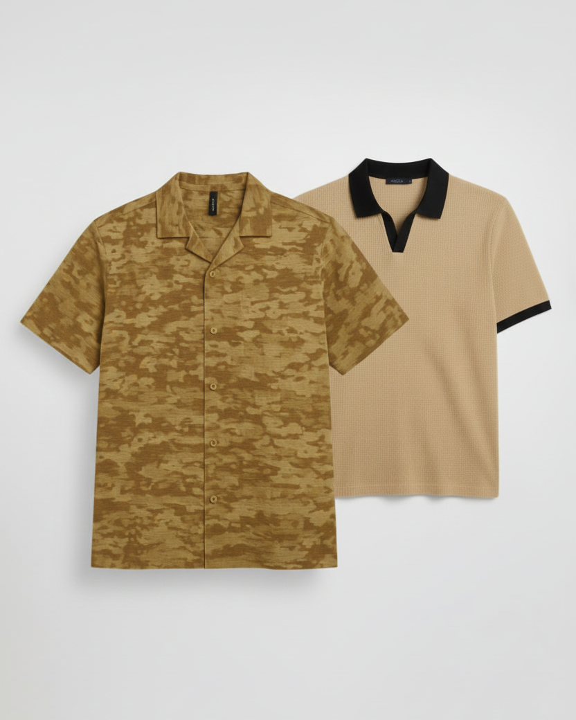 Pair of 2 Beige Johnny Collar/Brown Camouflage Cuban