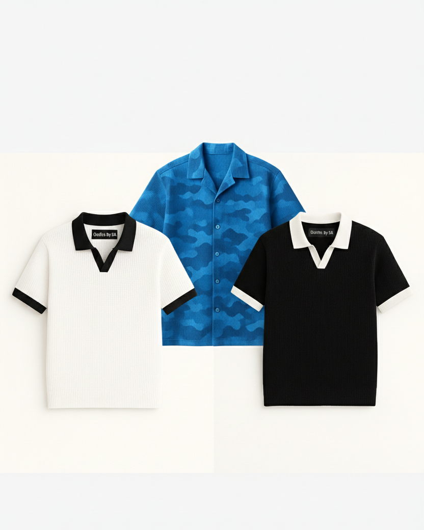 Buy 2 Get 1 Free (Black Johnny Collar, White Johnny Collar & Blue Camouflage)