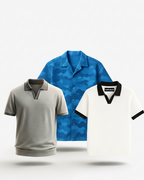 Pack Of 3 (Heather Grey Johnny Collar, White Johnny Collar & Blue Camouflage)