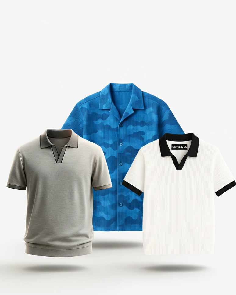 Buy 2 Get 1 Free (Heather Grey Johnny Collar, White Johnny Collar & Blue Camouflage)