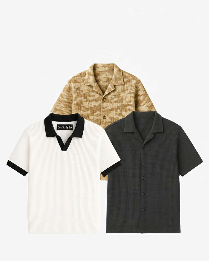 Buy 2 Get 1 Free (Charcoal Cuban Shirt, White Johnny Collar & Brown Camouflage)