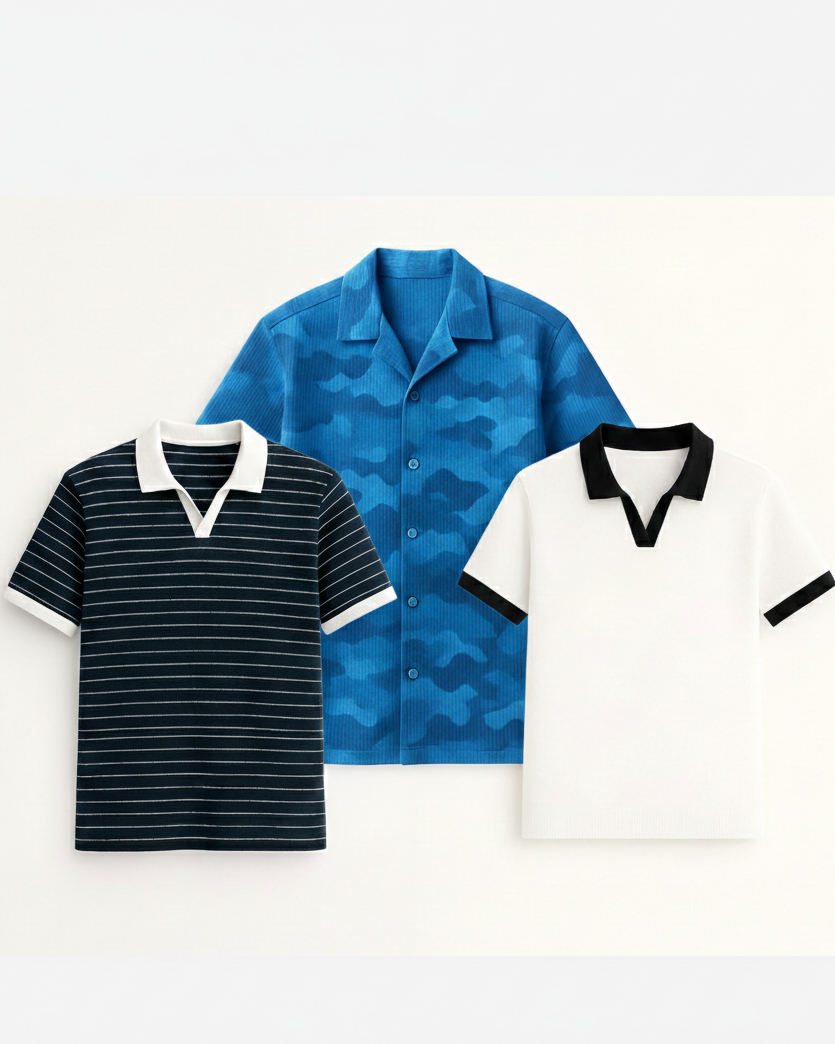 Buy 2 Get 1 Free (Navy Blue Linora Johnny Collar, White Johnny Collar & Blue Camouflage)