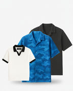 Pack Of 3 (Charcoal Cuban Shirt, White Johnny Collar & Blue Camouflage)