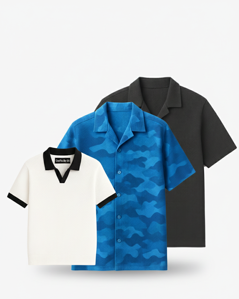 Buy 2 Get 1 Free (Charcoal Cuban Shirt, White Johnny Collar & Blue Camouflage)