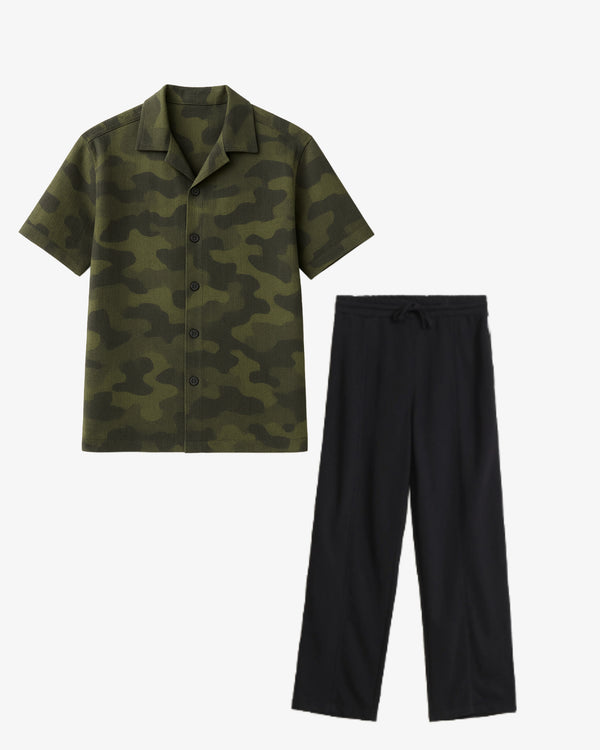 Green Print Texture Cuban Shirt + Trouser Set