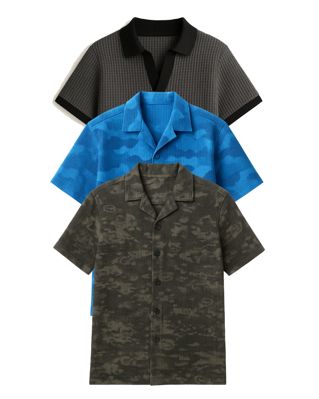 Buy 2 Get 1 Free (Black Camouflage, Charcoal Johnny Collar & Blue Camouflage)