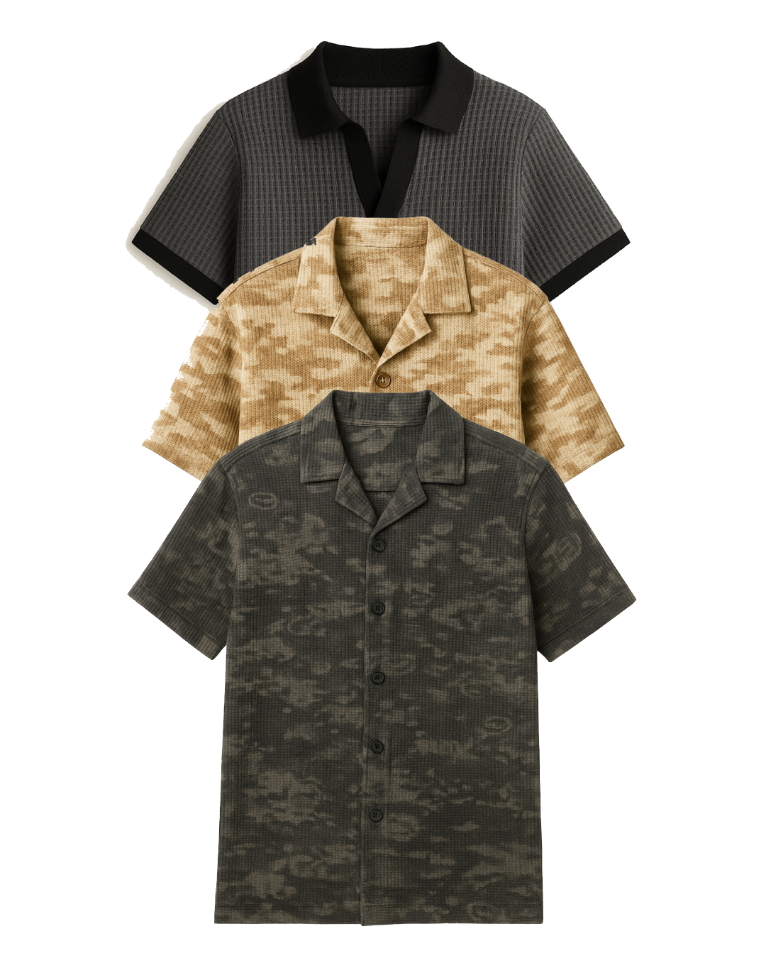 Buy 2 Get 1 Free (Black Camouflage, Charcoal Johnny Collar & Brown Camouflage)