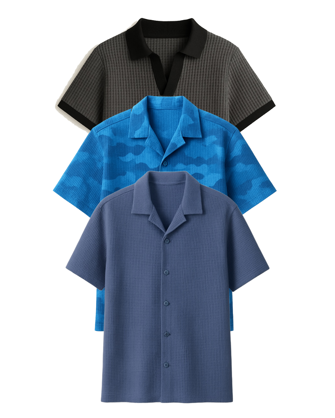 Buy 2 Get 1 Free (Pale Blue Cuban Shirt, Charcoal Johnny Collar & Blue Camouflage)