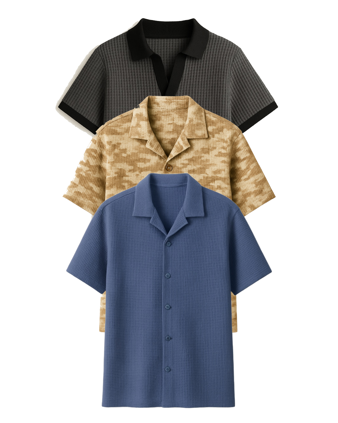 Buy 2 Get 1 Free (Pale Blue Cuban Shirt, Charcoal Johnny Collar & Brown Camouflage)