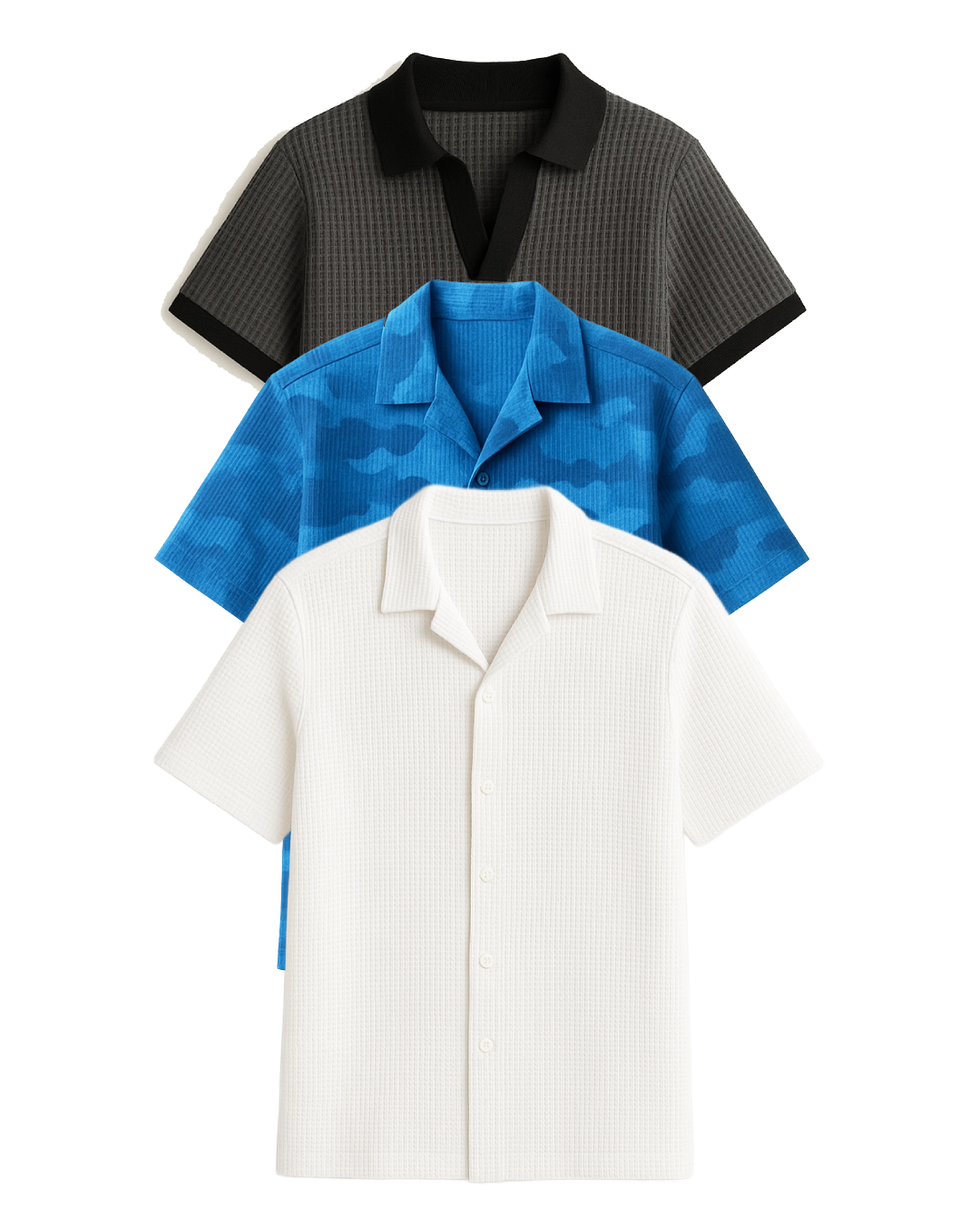 Buy 2 Get 1 Free (White Cuban Shirt, Charcoal Johnny Collar & Blue Camouflage)