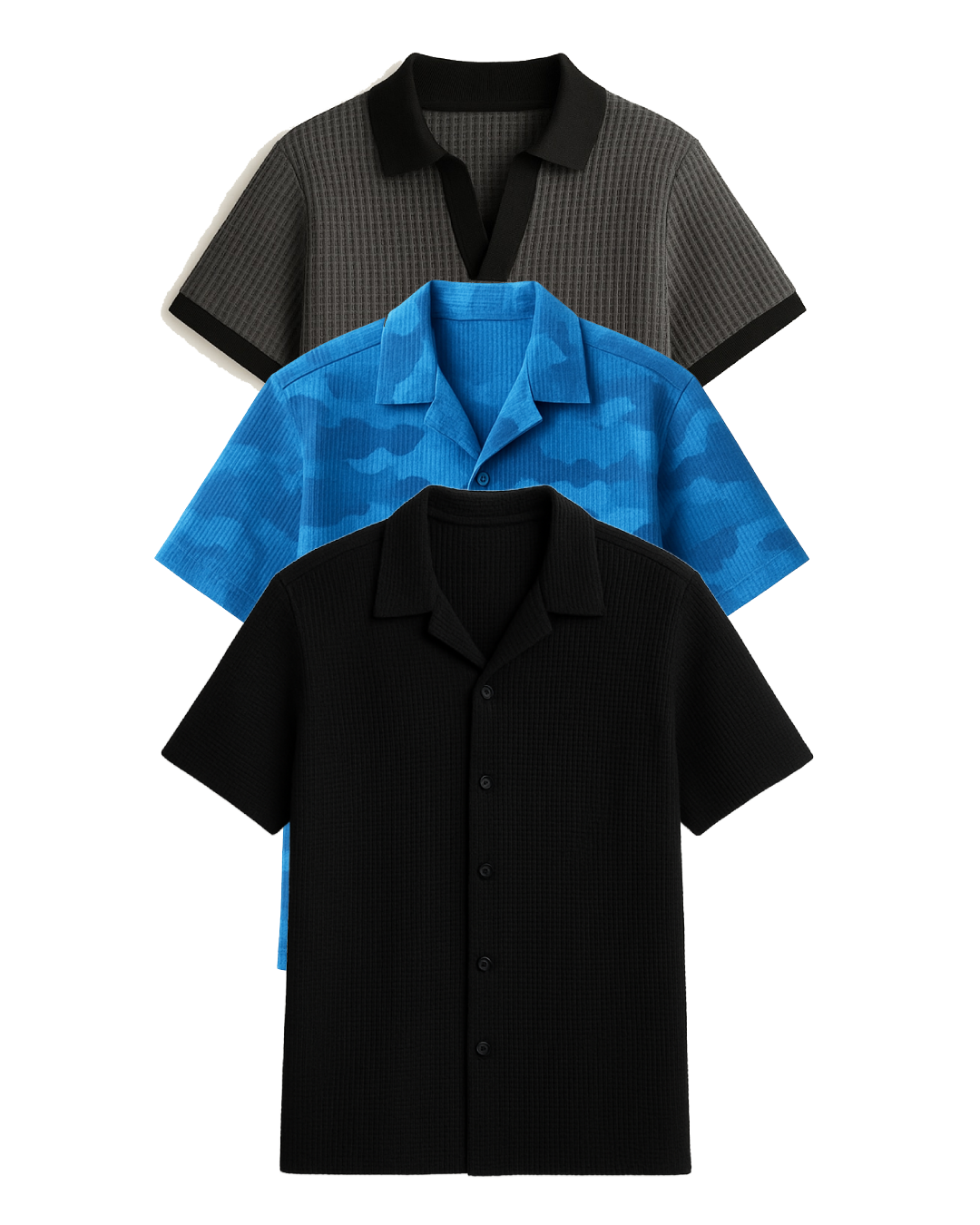 Buy 2 Get 1 Free (Black Cuban Shirt, Charcoal Johnny Collar & Blue Camouflage)