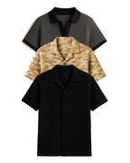 Buy 2 Get 1 Free (Black Cuban Shirt, Charcoal Johnny Collar & Brown Camouflage)