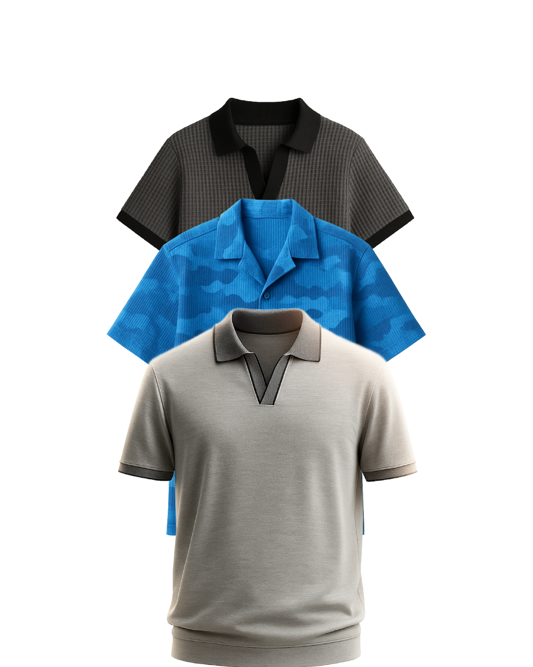 Buy 2 Get 1 Free (Heather Grey Johnny Collar, CharcoalJohnny Collar & Blue Camouflage)