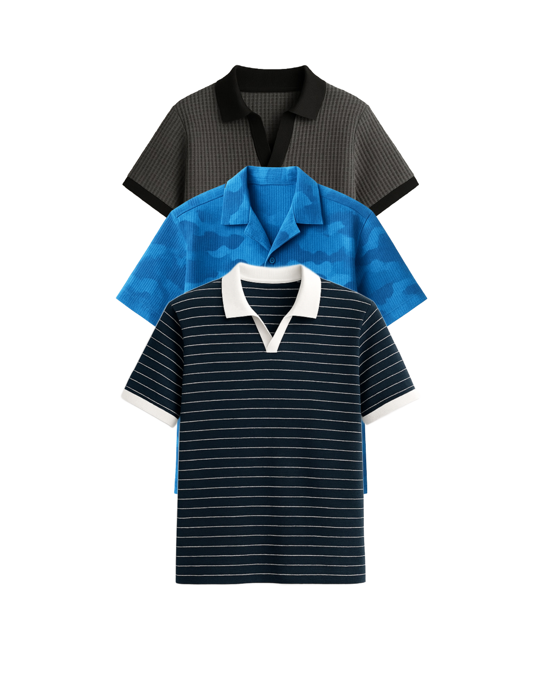 Buy 2 Get 1 Free (Navy Blue Linora Johnny Collar, Charcoal Johnny Collar & Blue Camouflage)