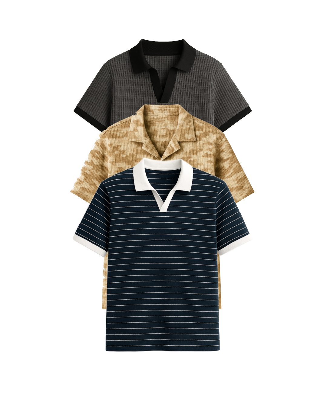 Buy 2 Get 1 Free (Navy Blue Linora Johnny Collar, Charcoal Johnny Collar & Brown Camouflage)