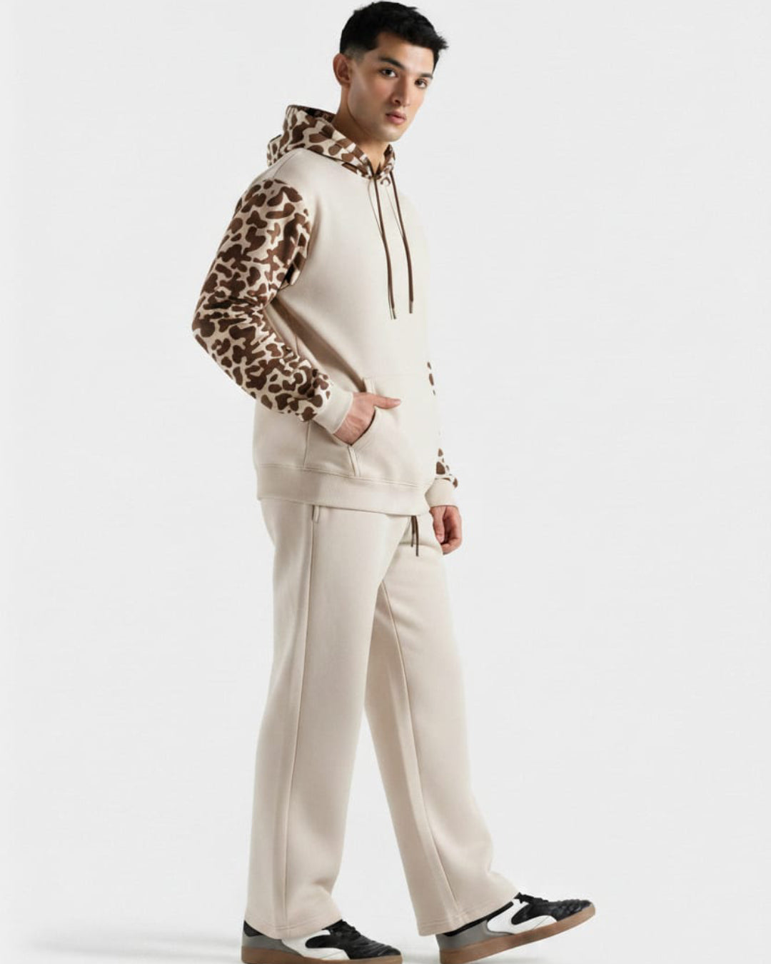 Beige Pattern Hoodie Tracksuit