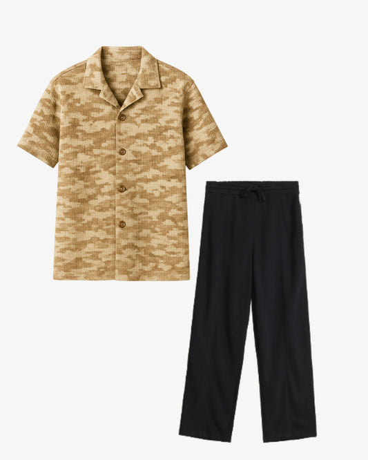 Brown Print Texture Cuban Shirt + Trouser Set