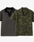 Pack Of 2 Green Camouflage Cuban Shirt & Charcoal Grey Johnny Collar