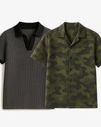 Pack Of 2 Green Camouflage Cuban Shirt & Charcoal Grey Johnny Collar