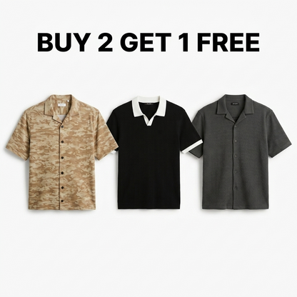 Buy 2 Get 1 Free Brown camouflage/Black Johnny Collar/Charcoal Cuban Shirt
