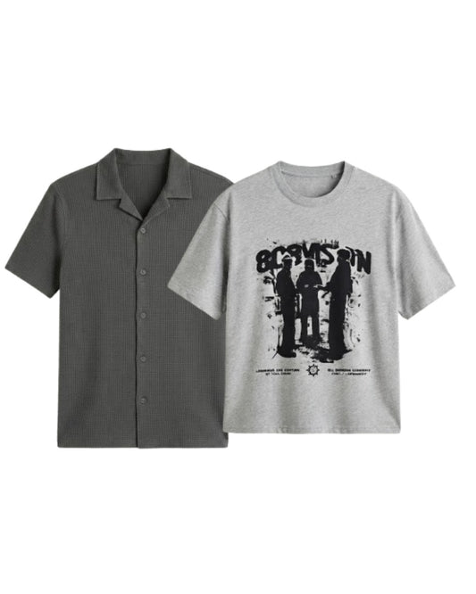 Pack Of 2 Oversized Stranger T-Shirt & Charcoal Cuban Shirt
