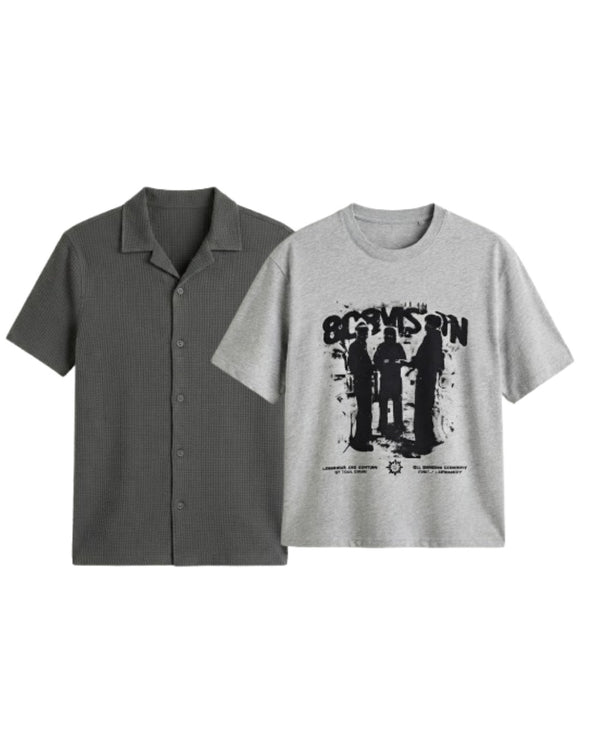 Pack Of 2 Oversized Stranger T-Shirt & Charcoal Cuban Shirt