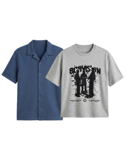 Pack Of 2 Oversized Stranger T-Shirt & Pale Blue Cuban Shirt