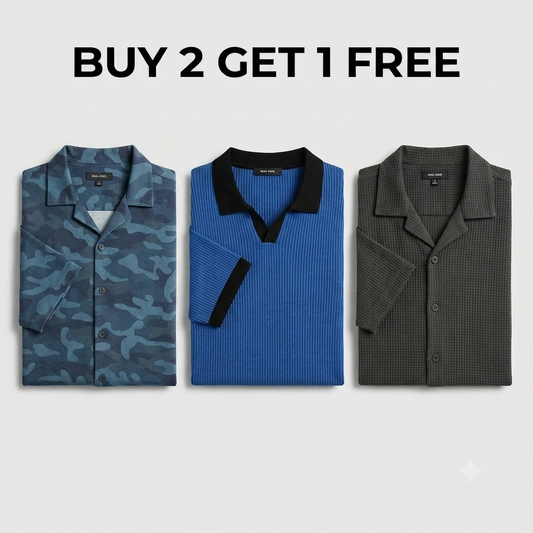 Buy 2 Get 1 Free Blue Camouflage/Royal Blue Johnny Collar/Charcoal Cuban Shirt