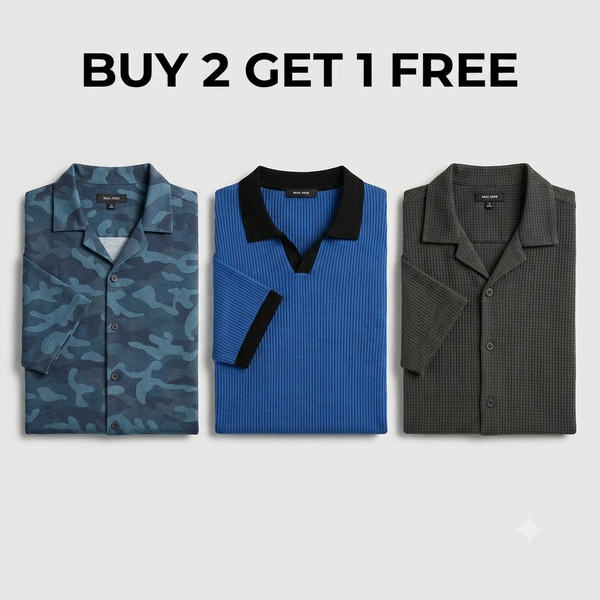 Buy 2 Get 1 Free Blue Camouflage/Royal Blue Johnny Collar/Charcoal Cuban Shirt