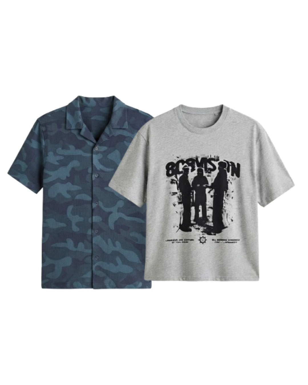 Pack Of 2 Oversized Stranger T-Shirt & Blue Camouflage Cuban Shirt