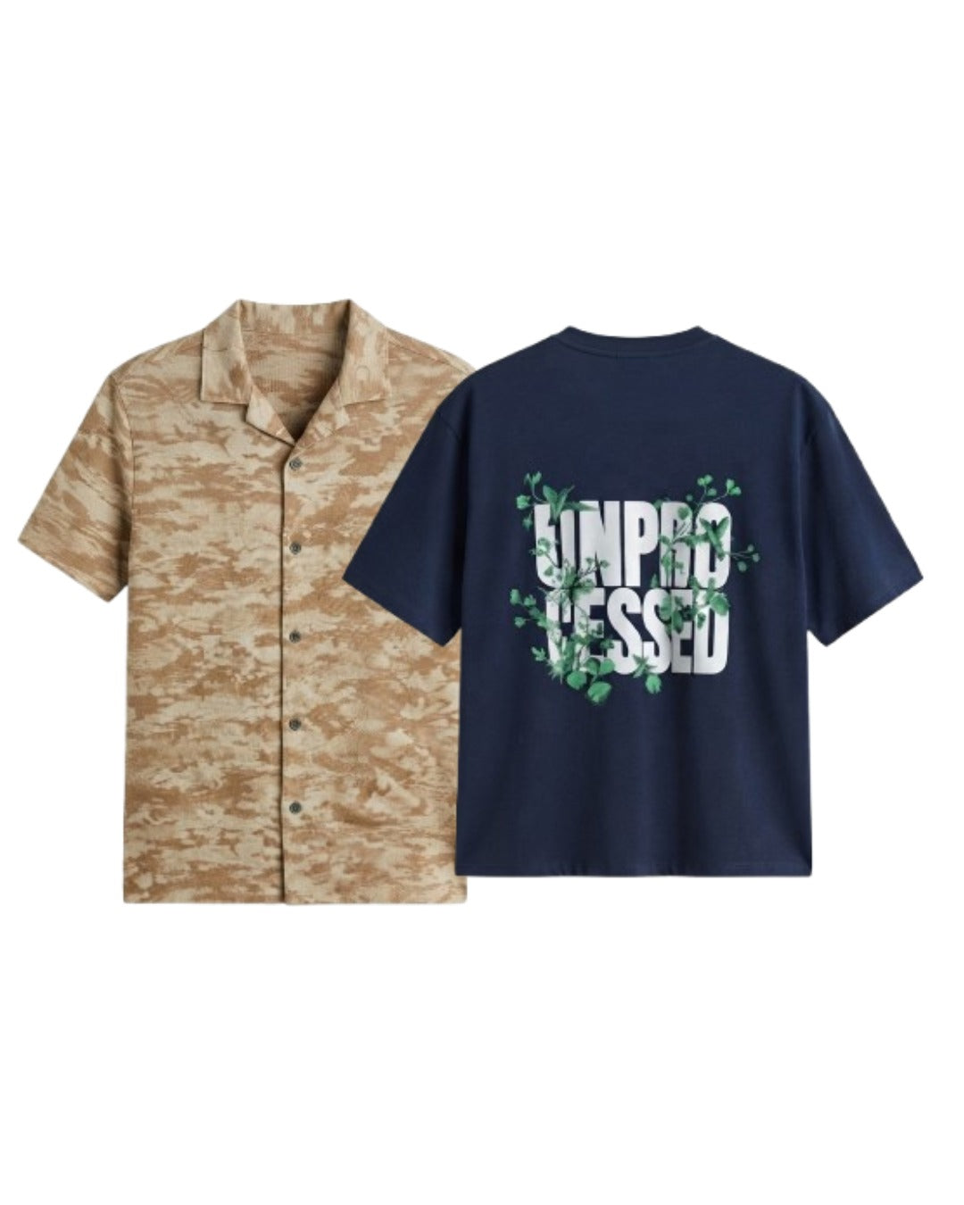 Pack Of 2 Oversized Unproccesed T-Shirt & Brown Camouflage Cuban Shirt