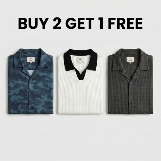 Buy 2 Get 1 Free Blue Camouflage/White Johnny Collar/Charcoal Cuban Shirt