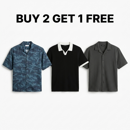 Buy 2 Get 1 Free Blue camouflage/Black Johnny Collar/Charcoal Cuban Shirt