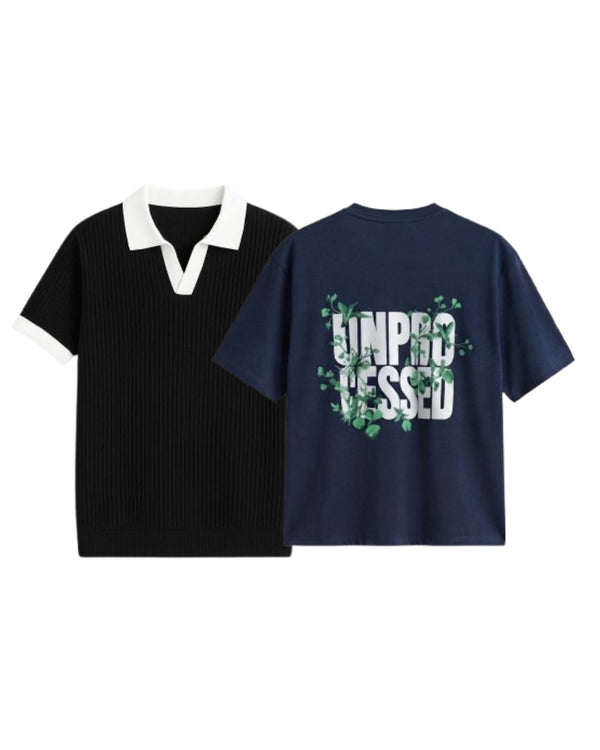 Pack Of 2 Oversized Unprocessed T-Shirt & Black Johnny Collar