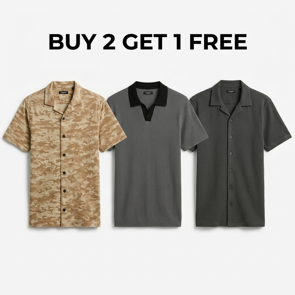 Buy 2 Get 1 Free Brown camouflage/Charcoal Johnny Collar/Charcoal Cuban Shirt