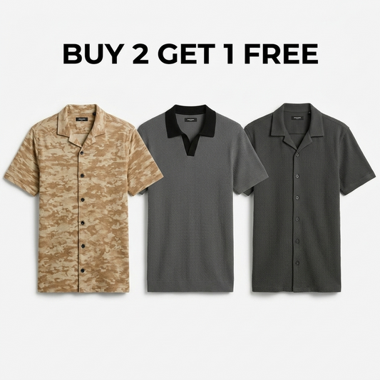 Buy 2 Get 1 Free Brown camouflage/Charcoal Johnny Collar/Charcoal Cuban Shirt