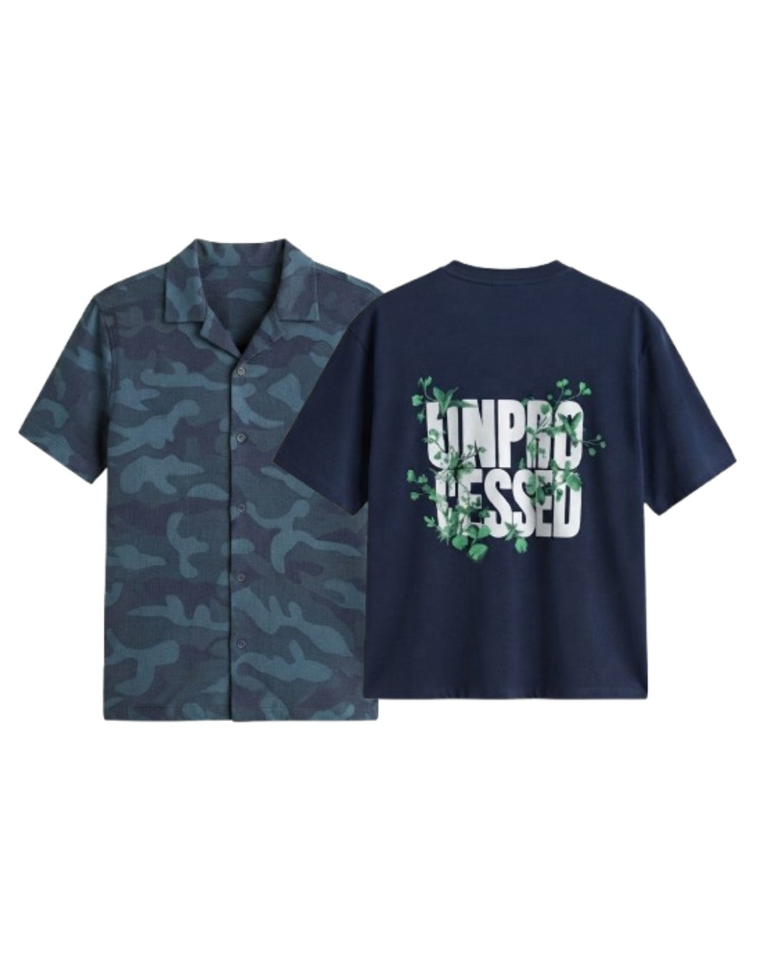 Pack Of 2 Oversized Unproccesed T-Shirt & Blue Camouflage Cuban Shirt