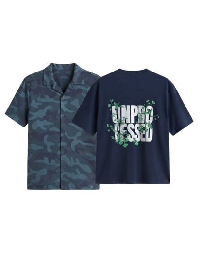 Pack Of 2 Oversized Unproccesed T-Shirt & Blue Camouflage Cuban Shirt
