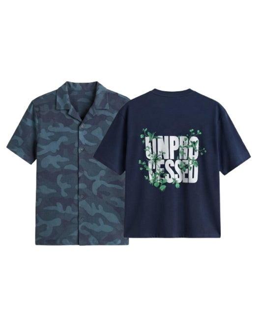 Pack Of 2 Oversized Unproccesed T-Shirt & Blue Camouflage Cuban Shirt