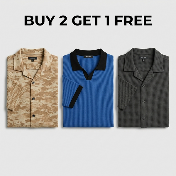 Buy 2 Get 1 Free Brown Camouflage/Royal Blue Johnny Collar/Charcoal Cuban Shirt