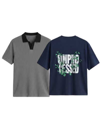 Pack Of 2 Oversized Unprocessed T-Shirt & Charcoal Johnny Collar