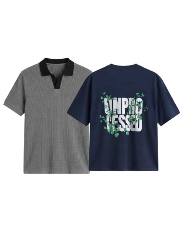 Pack Of 2 Oversized Unprocessed T-Shirt & Charcoal Johnny Collar